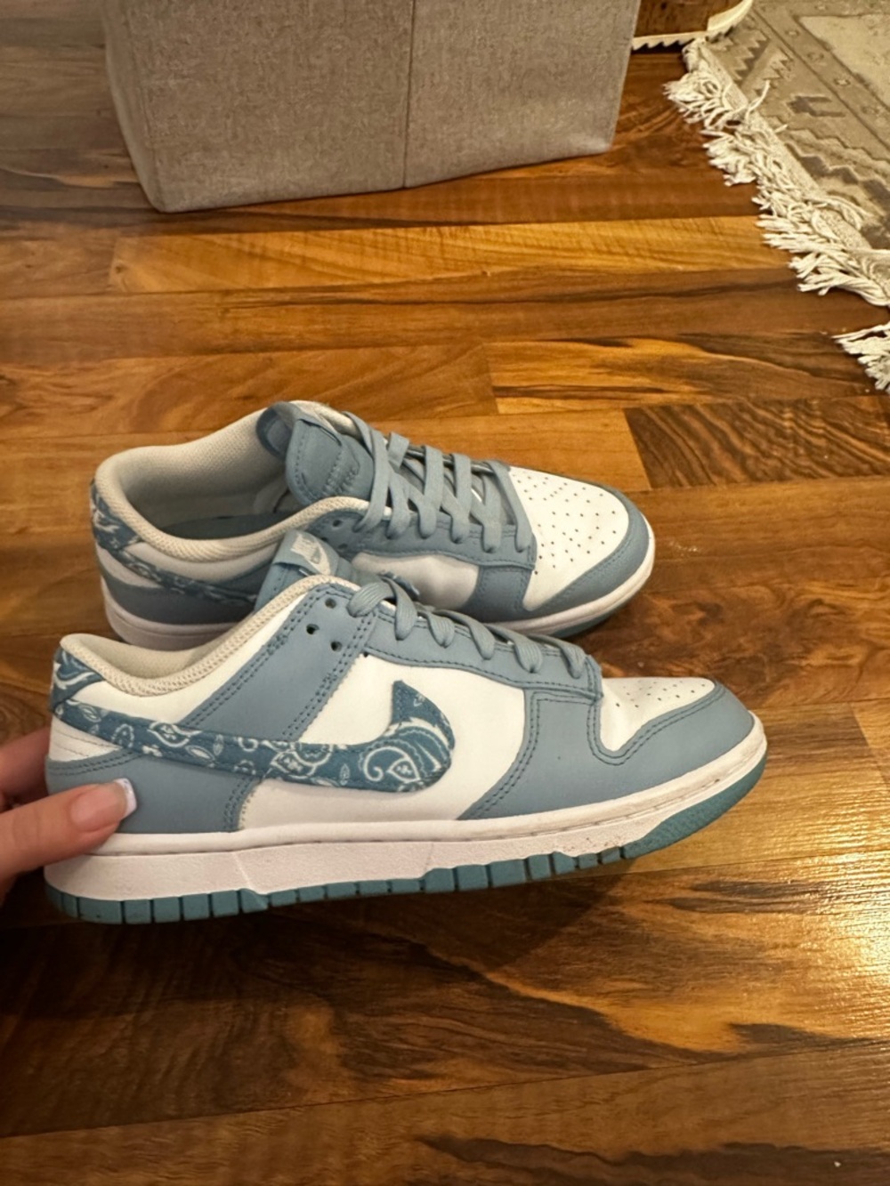 Nike Women's Low-Top Sneakers in Light Blue and White with Paisley Swoosh